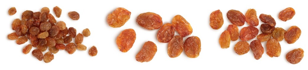Brown raisin isolated on white background with clipping path. Top view. Flat lay. Set or collection