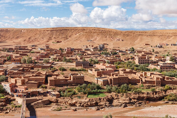 Ounila river and Ait Ben Haddou. Mountain view from Ksar Ait Ben Haddou. Morocco