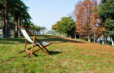 Deck chair in autumn park