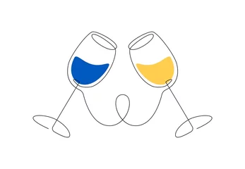 Papier Peint photo autocollant Une ligne Acclamations de verres de vin un dessin au trait. Dessin au trait continu de deux verres pour le logo, tatouage minimaliste aux couleurs de l& 39 Ukraine. Illustration vectorielle