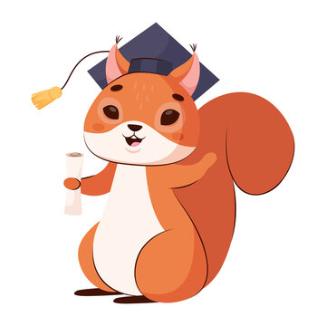 Happy squirrel in graduation cap cartoon vector illustration. Cute animal character smiling, standing with diploma on white background. Rodent, education concept