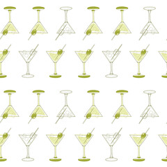 Seamless pattern of martini glasses and olives in a linear style. Vector illustration isolated on a white background for decor, wrapping paper, fabric