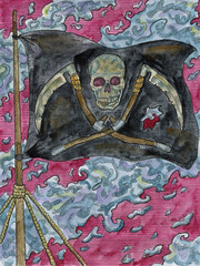 Obraz premium Colorful Marine Fantasy illustration with Jolly Rodger on pirate's flag or banner against stormy sky and clouds. Nautical vintage drawings, watercolor painting