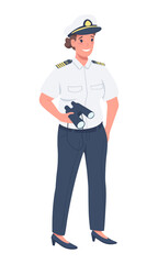 Female cruise ship captain semi flat color vector character. Full body person on white. Gender equality in workplace simple cartoon style illustration for web graphic design and animation