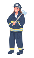 Female firefighter semi flat color vector character. Standing figure. Full body person on white. Gender equality in workplace simple cartoon style illustration for web graphic design and animation