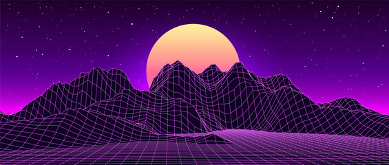 Retro fantastische achtergrond van de jaren 80. Vector draadframe berglandschap met nachtelijke hemel en zonsondergang. Futuristisch neonlandschap.