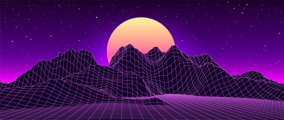 Photo sur Plexiglas Violet Fond fantastique rétro des années 80. Paysage filaire de montagne de vecteur avec ciel nocturne et coucher de soleil. Paysage néon futuriste.