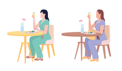 Pretty ladies enjoing white wine and salad semi flat color vector characters set. Full body people on white. Simple cartoon style illustration collection for web graphic design and animation