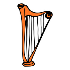 the harp icon is orange in the style of doodles. The HARP musical instrument icon is a black outline of orange color, an isolated musical element for the design template