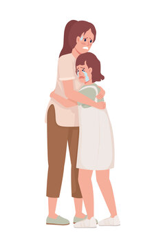 Scared mom and daughter semi flat color vector characters. Standing figures. Full body people on white. Crying, terrified family simple cartoon style illustration for web graphic design and animation