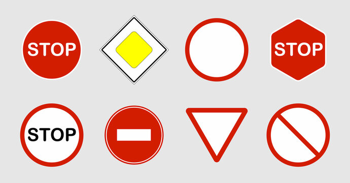 Road sign for traffic with stop and warning icons illustration. Circle road signs in yellow and red collection. Vector. Set of signs with symbols and blank for street and highway isolated