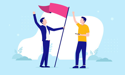 Business winning - Two men with raised flag cheering and celebration triumph. Flat design vector illustration