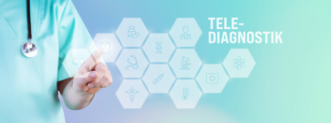 Tele-Diagnostik. Männlicher Arzt zeigt mit Finger auf digitales Hologramm aus Icons. Text mit...