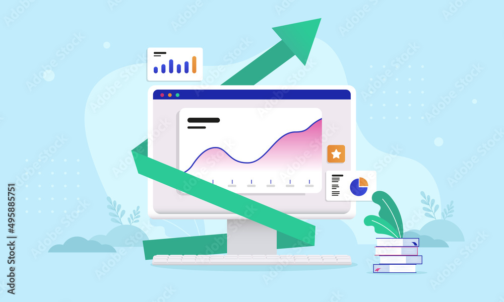 Fototapete computer with rising graph and green arrow pointing up towards digital growth. vector illustration w