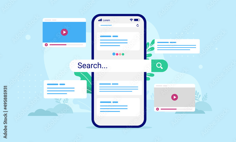 Aufkleber search engine on phone screen - vector illustration of smartphone with internet search and results p