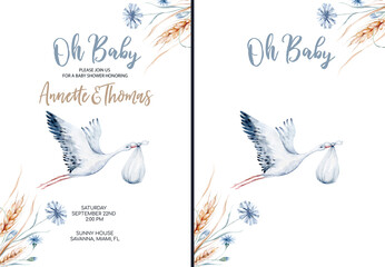 Watercolor stork bird and wildflowers with poppy, cornflower chamomile, rye and wheat spikelets . Wedding and baby shower invitation - obrazy, fototapety, plakaty