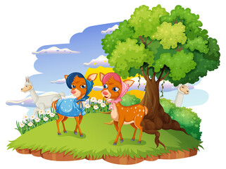 Obraz na płótnie Canvas Isolated forest scene with deers in cartoon style