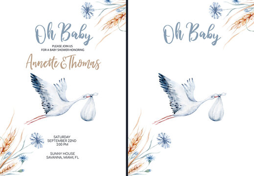 Watercolor stork bird and wildflowers with poppy, cornflower chamomile, rye and wheat spikelets . Wedding and baby shower invitation