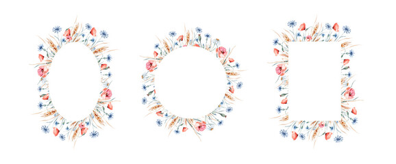 Watercolor wildflowers bouquets and frames with poppy, cornflower chamomile, rye and wheat spikelets background