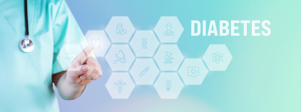 Diabetes. M&auml;nnlicher Arzt zeigt mit Finger auf digitales Hologramm aus Icons. Text mit medizinischen Begriff. Konzept f&uuml;r Digitalisierung in der Medizin