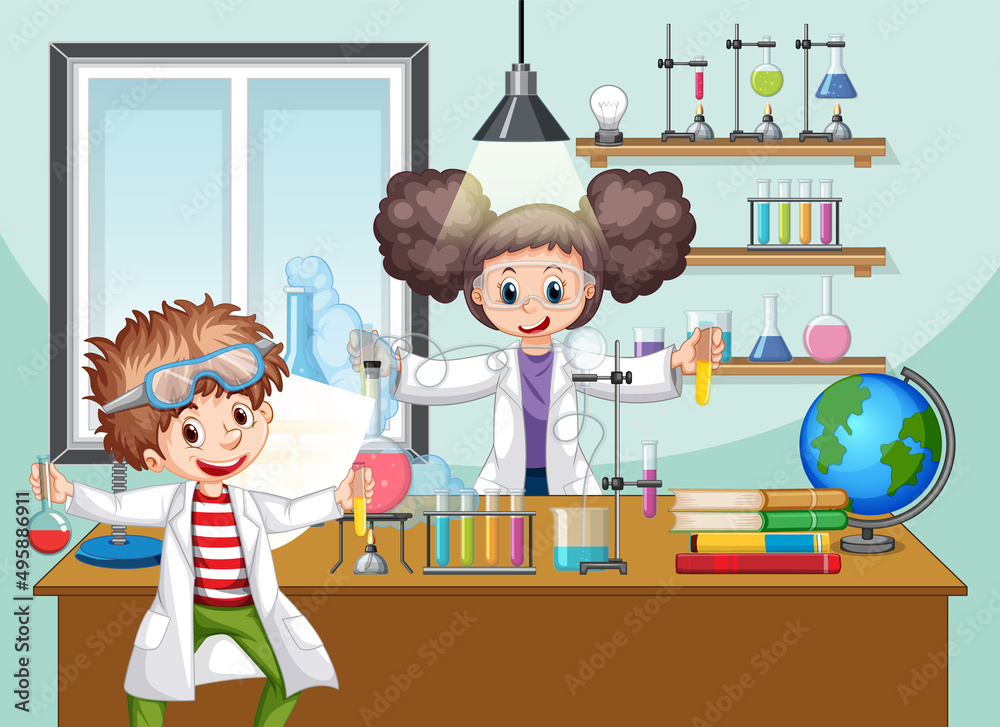 Wall mural classroom scene with scientist doing experiment