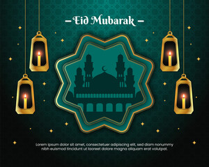 Eid mubarak background with candles and mosque