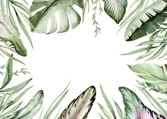 Tropical watercolor birds hummingbird, monkey and jaguar, exotic jungle plants palm banana leaves flowers, flamingo baby shower wedding invitation background