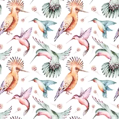 Printed roller blinds Pastel Tropical watercolor birds hummingbird, monkey and jaguar, exotic jungle plants palm banana leaves flowers, flamingo pastel color seamless pattern fabric background
