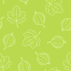 Gooseberry and leaf outline seamless pattern. Berry fruit green background. Vector food simple illustration. 