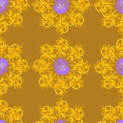 Seamless pattern with violet flowers. Vector illustration flower on darck background. An ornament for wallpaper and fabric design .