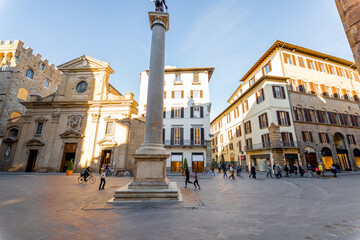 Fototapeta na wymiar Morning view on Piazza Santa Trinita, triangular square, in Florence city. Travel italian cities of Tuscany. Italian Renaissance architecture