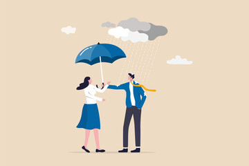 Altruism selfless principle for leadership to protect team and success together, gentleman or team support and caring, respect or empathy concept, kindness businessman offer umbrella to protect woman.