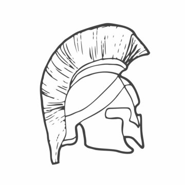 Historic past golden leonidas helm on white backdrop. Freehand outline black ink hand drawn picture sign sketchy in art doodle cartoon retro style pen on paper. Closeup side view with space for text