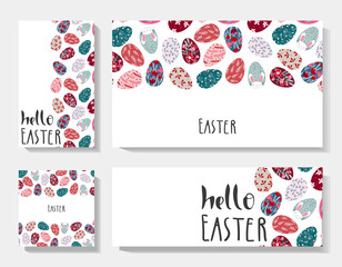 A set of Easter cards with a pattern of colored eggs. White background with a pattern of painted eggs and isolated inscription "Hello Easter".