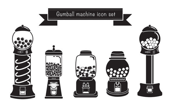 Black icon Gumball machine set on white background with bubble gum or sweets in plastic plexiglass cartoon cute icon set. toy and food funny concept. Square and round shape. vector, illustration