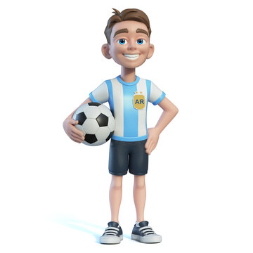 Little boy football player wearing a Argentina national team kit, shirt and shorts. Cartoon character as Argentinian soccer team mascot 3d rendering