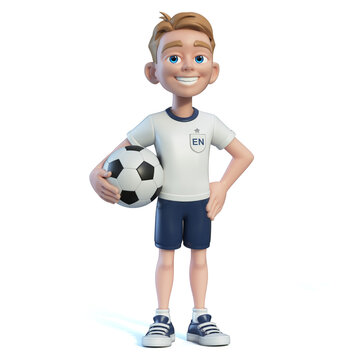 Little boy football player wearing a England national team kit, shirt and shorts. Cartoon character as English soccer team mascot 3d rendering