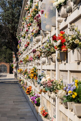 Italian wall cemetery with tombstones and artificial flowers on a sunny summer day in Venice, Italy, Island of San Michele. Commemoration of the dead, deaths of pandemic.