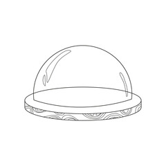 Glass protective dome on wooden stand in sketch doodle style. Transparent cover of hemispherical shape. Black vector illustration isolated on white background