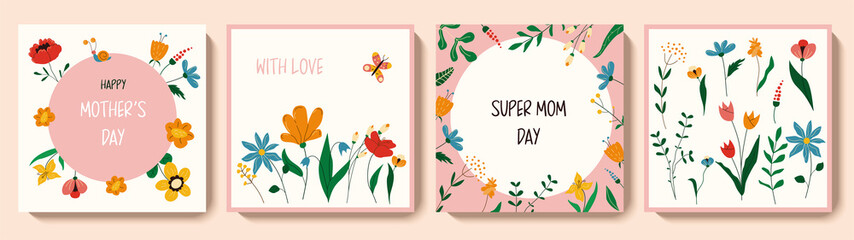 Happy Mother's Day greeting square card set. Cute spring backgrounds with flowers, leaves, herbs, butterfly. Colorful vector templates for social media post, flyer, postcard design