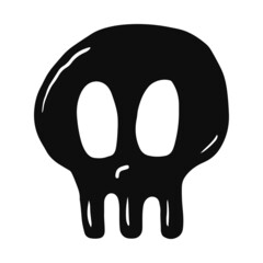 Hand drawn cute black skull doodle. Comic head bone pirate icon. Marine sea piracy symbol, sign, tattoo. Vector illustration isolated on white background