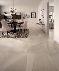 Modern interior design, room with gray tiles, seamless furniture, luxurious background.