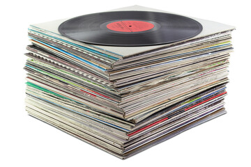 pile of old vinyl discs isolated on white background