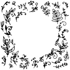 the edge of the doodle plants frame. empty circle for text, border with doodles twigs with leaves with rounded edges around black color for square design template