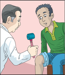 Vector illustration of doctor neurologist examining his patient  with reflex hammer.