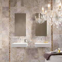 Elegant interior design, bathroom with stone tiles, seamless, luxurious background.