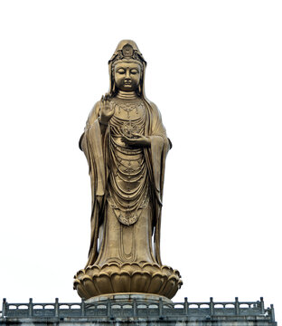 ZHOUSHAN, CHINA - March 3, 2019: : Kun Iam Statue dedicated to Buddhist Goddess of Kun Iam (Goddess of Mercy) is 18m tall and made of bronze situated at the top of putuo mountain,  zhoushan city, zhej
