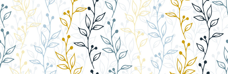 Obraz premium Berry bush sprigs natural vector seamless background. Ditsy herbal fabric print. Herb plants leaves and blossom illustration. Berry bush sprouts isolated repeating background