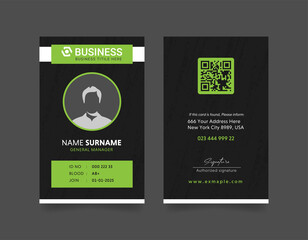 business or corporate id card template with photo place. modern layout design with black background, green shape