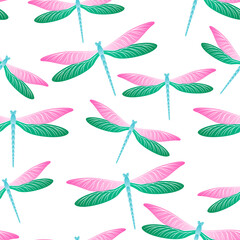 Dragonfly modern seamless pattern. Summer clothes fabric print with damselfly insects. Flying water